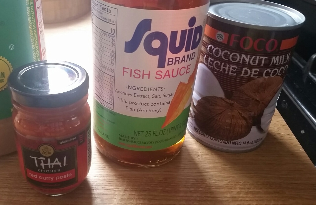 Ingredients: red curry paste, fish sauce, and coconut milk -- and some peanut butter in the corner.