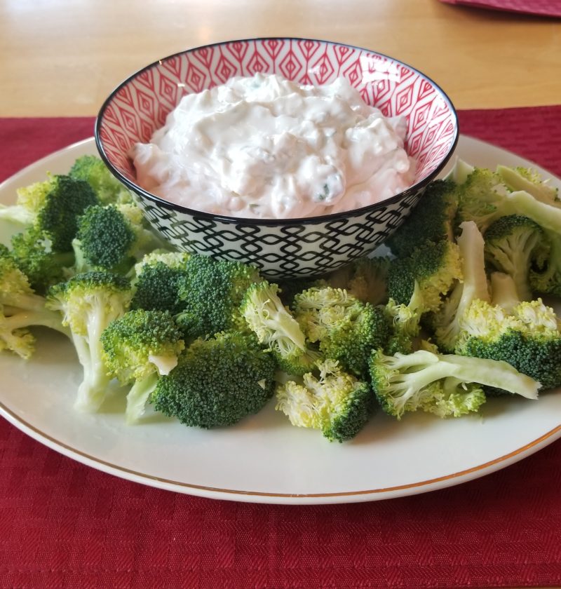 Meriah's Blue Cheese Dip, srurrounded by broccoli.